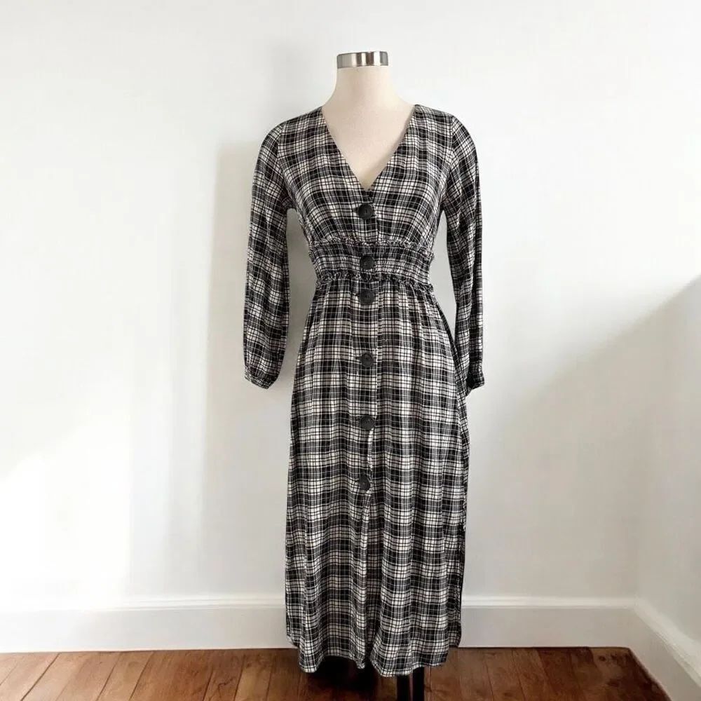 Zara Black Plaid Button Peasant Dress Smocked Checkered Blogger XS